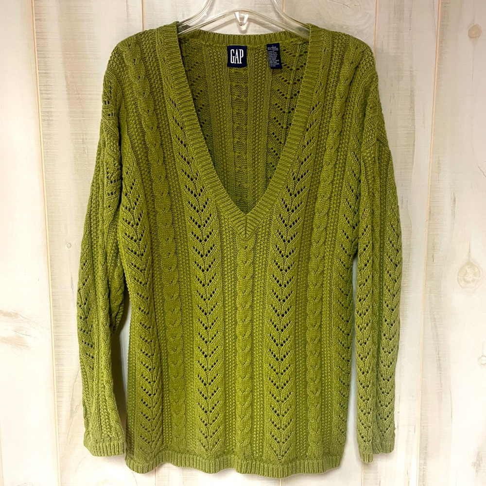Vintage Gap Green Heavy Cable Knit Cotton Blend Deep V Neck Sweater Sz L